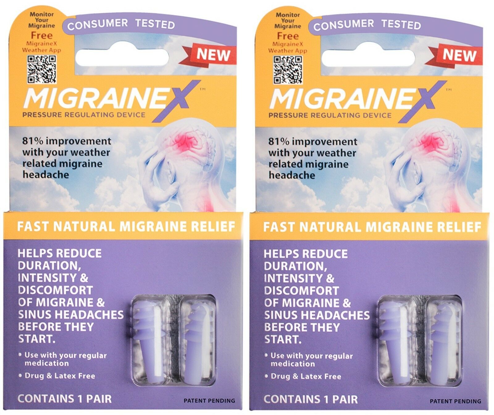 2 Pack -migrainex - Ear Plugs - Clinically Tested Migraine Relief - 1 Pair(each)