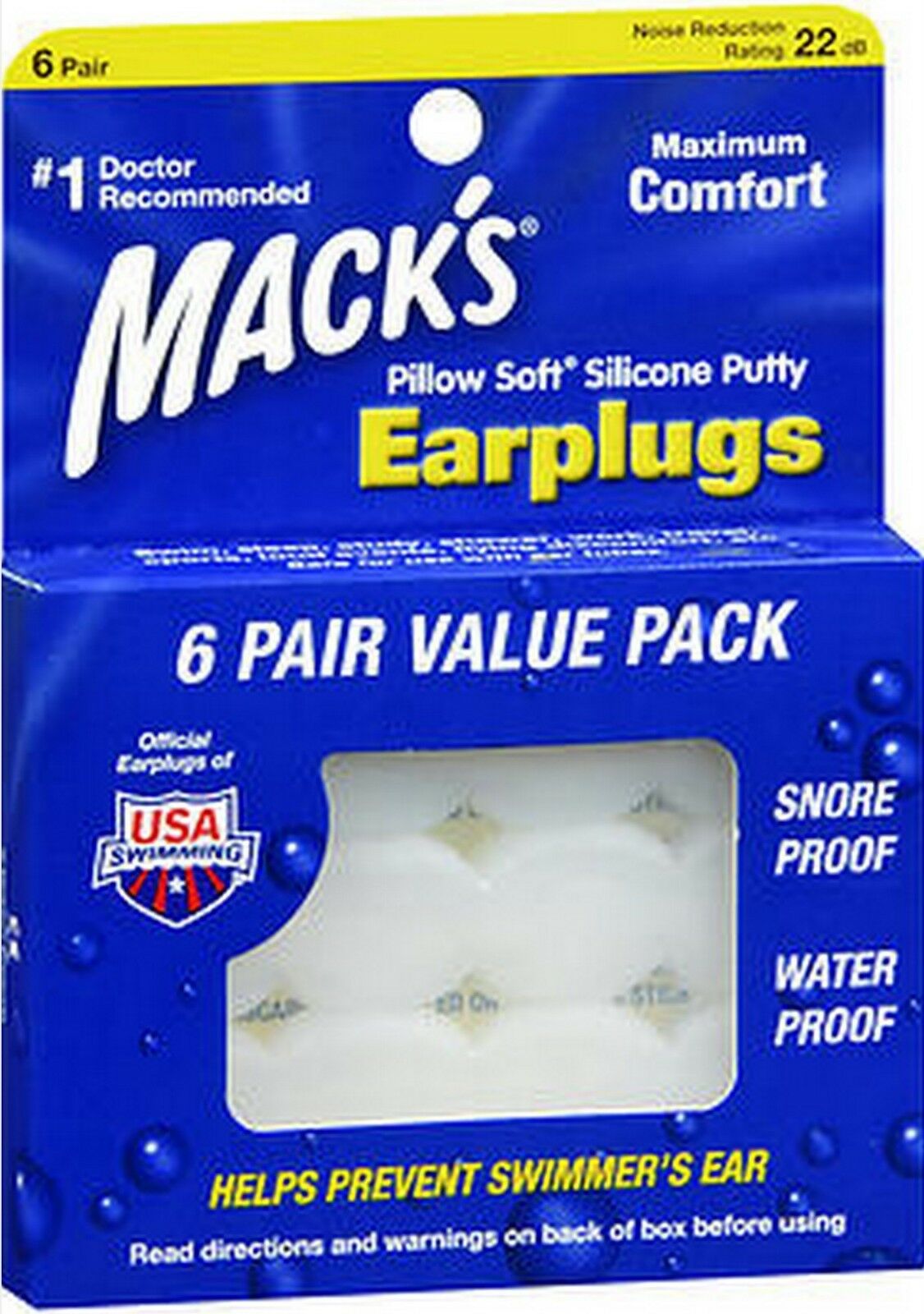 Mack's Clear Swim Ear Plugs Waterproof Moldable Silicone 6 Pr